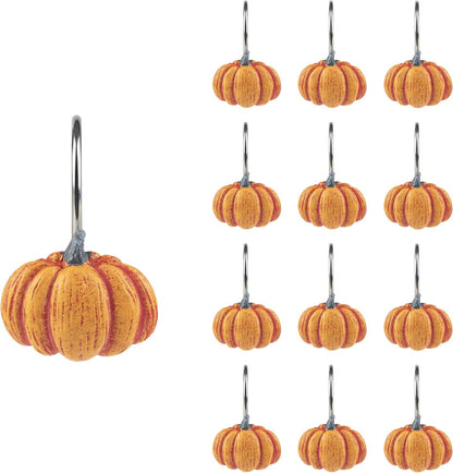 Sunlit Fall Pumpkin Decorative Shower Curtain Hooks, Autumn Harvest Festival Shower Curtain Rings, Resin, Blue Khaki Orange Farmhouse Bathroom Curtain Hangers Decoration, Set of 12