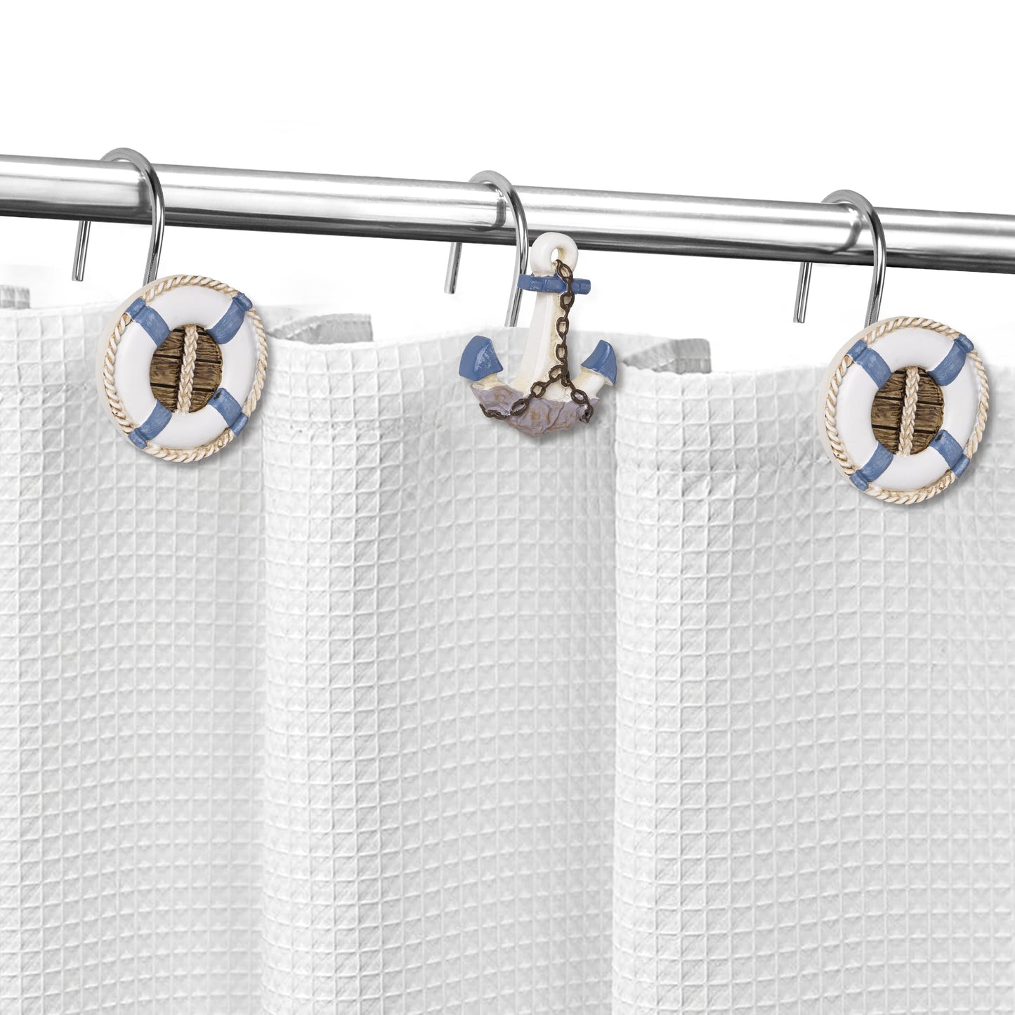 Sunlit Nautical Shower Curtain Hooks, Home Decorative Coastal Shower Curtain Rings for Bathroom, Resin, Ocean Shower Curtain Hanger Hooks for Living Room, Set of 12, Blue Anchor Rudder