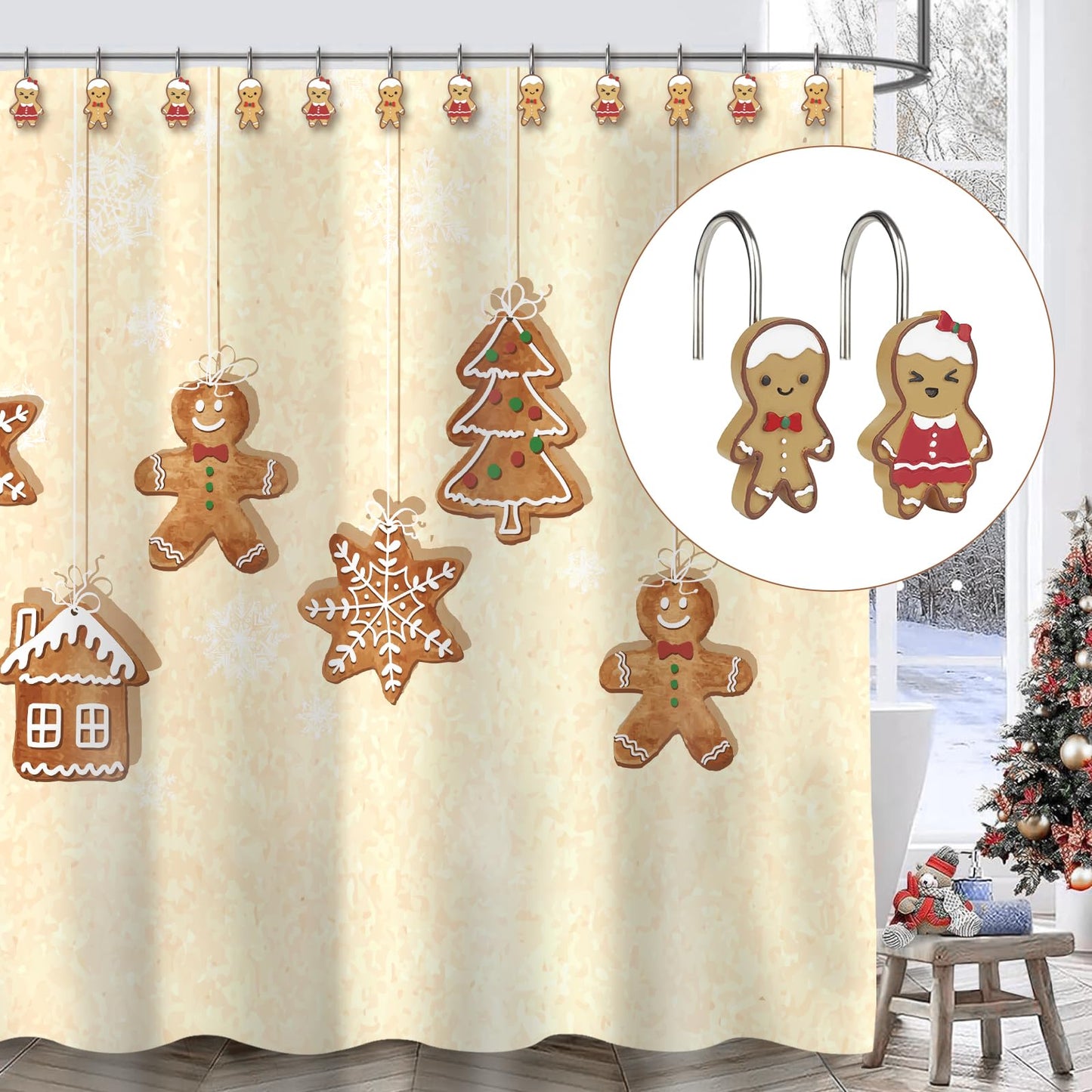 Sunlit Christmas Decorative Shower Curtain Hooks, Cute Gingerbread Man Cookie Shower Curtain Rings, Xmas Winter Holiday Bathroom Decoration for Kids Girls Boys Children, Resin, Set of 12