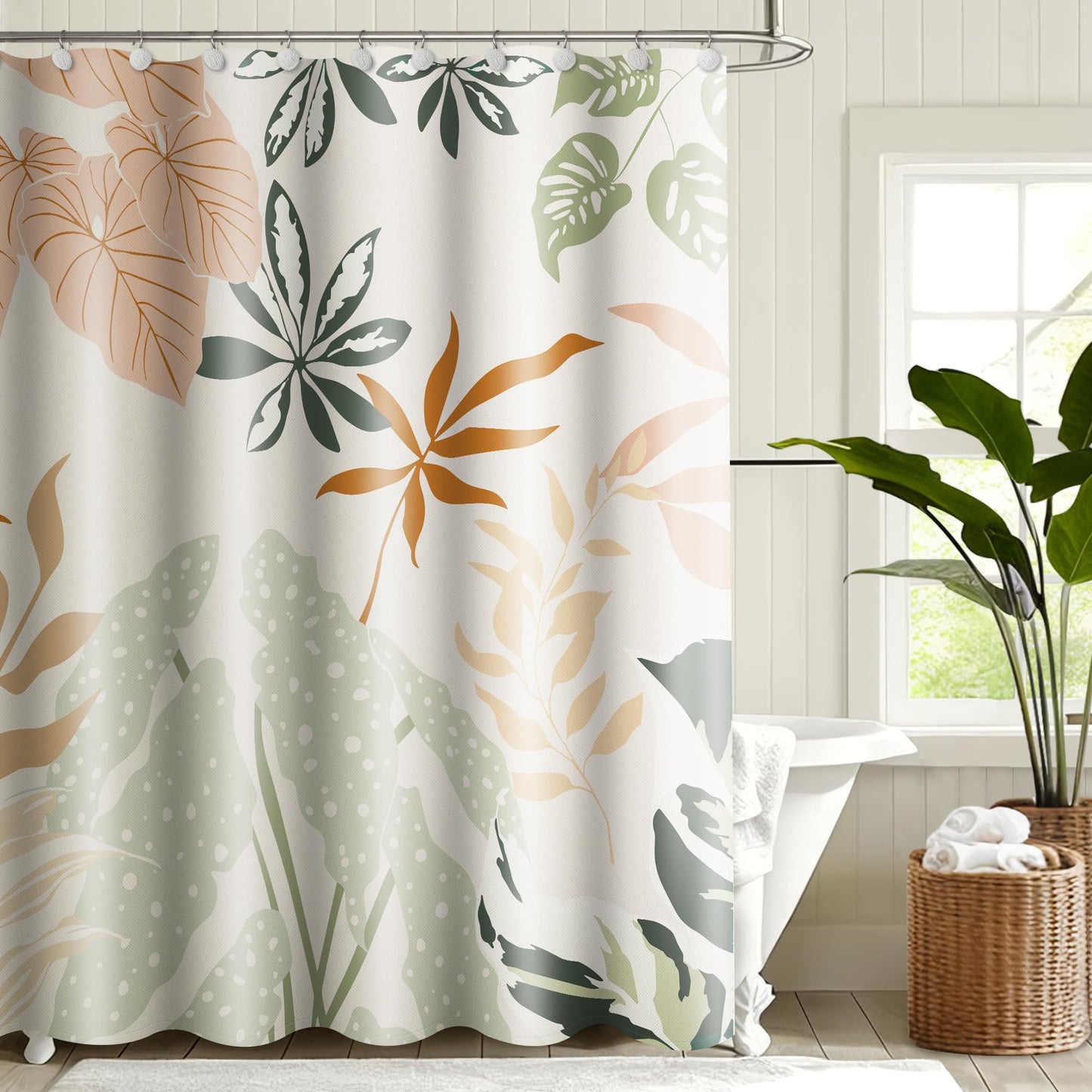 Sunlit Boho Plant Textured Slubbed Fabric Shower Curtain, Mid Century Modern Banana Leaf Shower Curtains for Bathroom Decoration, Abstract Botanical Bathroom Curtains, 71x71