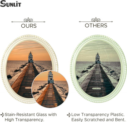 Sunlit Boho Vintage Picture Frame 8x10 Inch with Beaded Border, Oval Luxury Antique Photo Frames with Glass Front, Photo Display, Tabletop Wall Hanging, Gift Idea, Distressed White