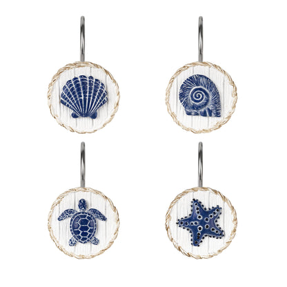 Sunlit Ocean Decorative Shower Curtain Hooks, Sea Turtle Spiral Shell Starfish Conch Shower Curtain Rings, Resin, Nautical Farmhouse Bathroom Decoration Beach Shower Curtain Hooks-12 Pack, Navy