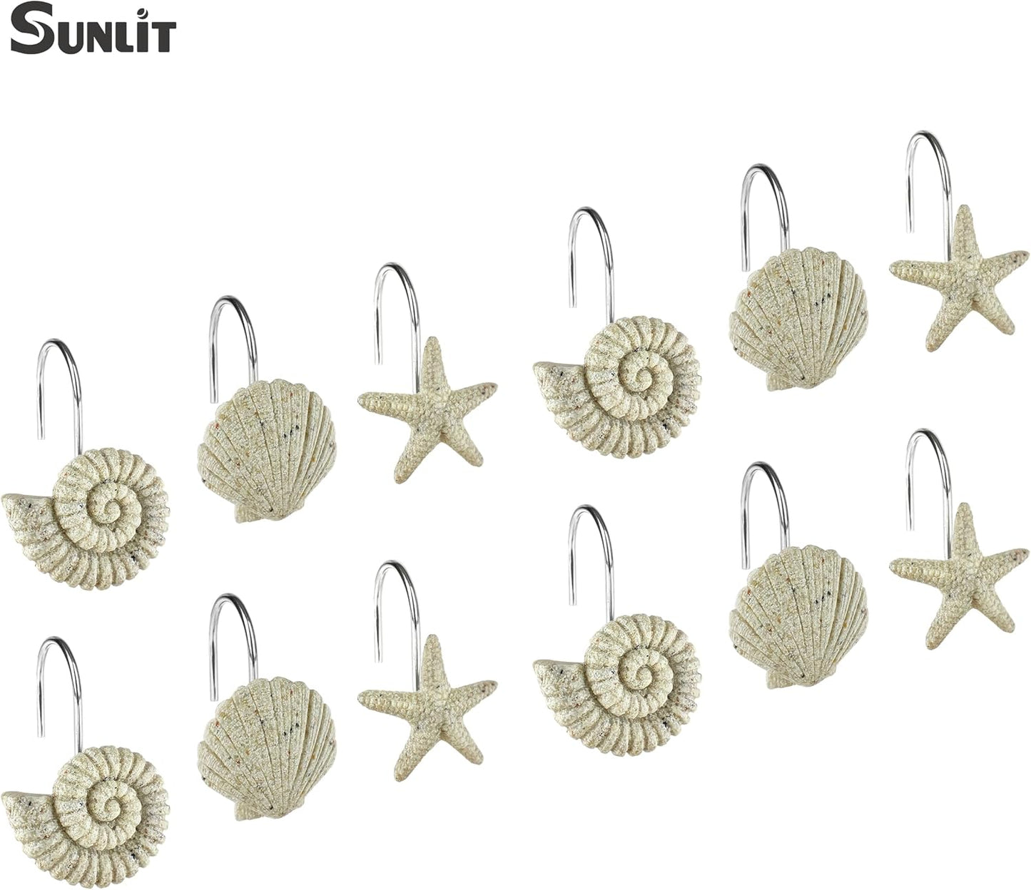 Sunlit Seashells Starfish Conch Decorative Shower Curtain Hooks, Natural Sand and Stone Ocean Creatures Coastal Shower Curtain Rings, Nautical Bathroom Decoration Beach Shower Curtain Hooks-12 Pack