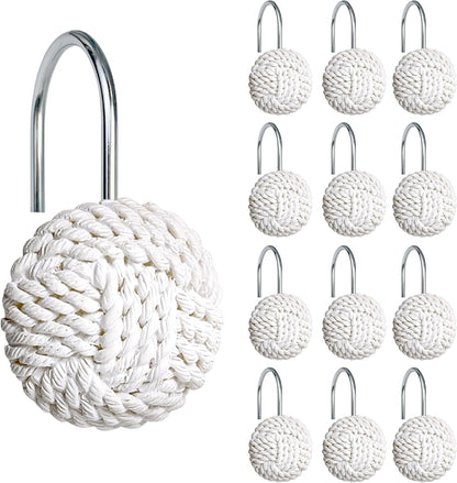 Sunlit Boho Knots Double Shower Curtain Hooks, Home Decorative Shower Curtain Rings for Bathroom, Seaside Nautical Shower Curtain Hangers Bathroom Accessories, Set of 12