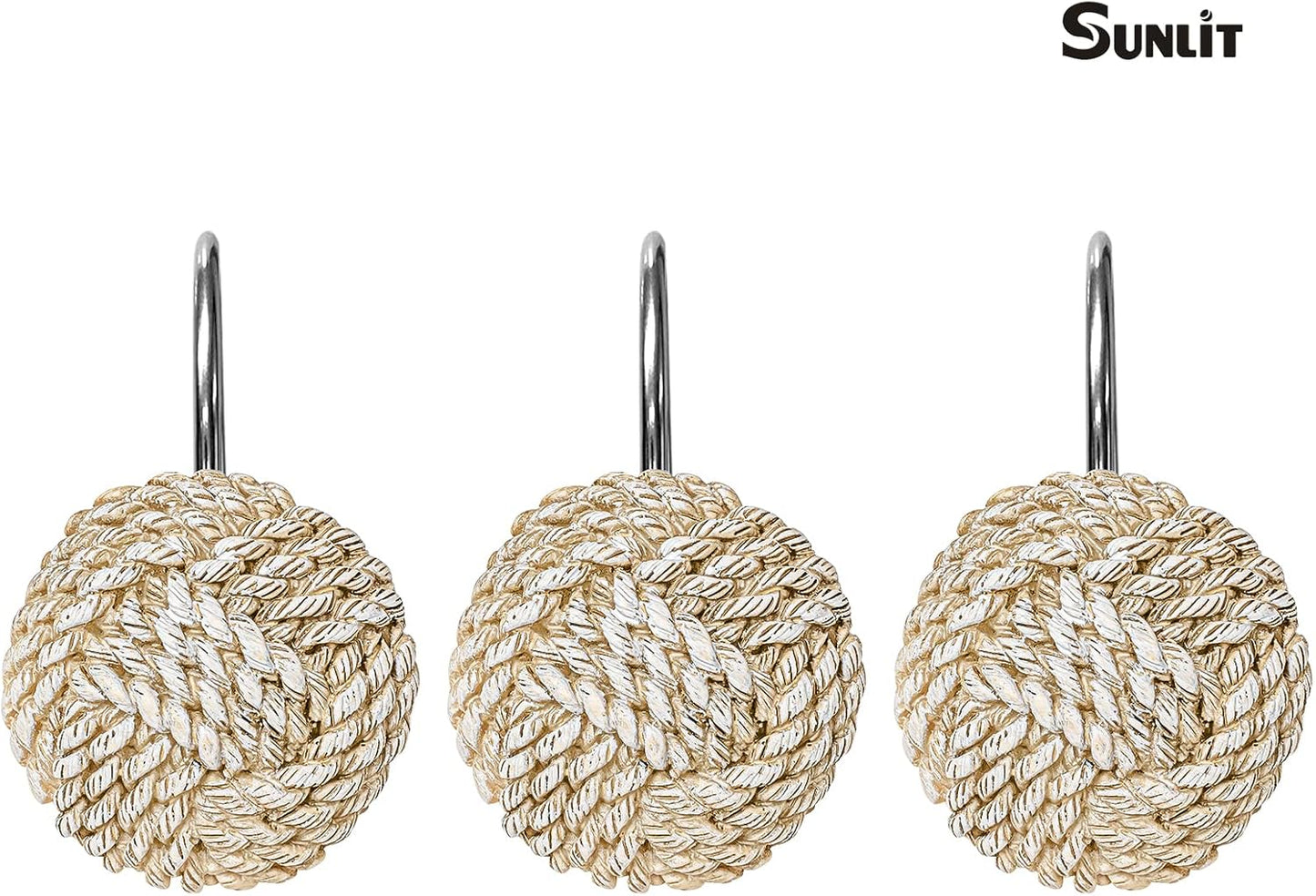 Sunlit Boho Knots Double Shower Curtain Hooks, Home Decorative Shower Curtain Rings for Bathroom, Seaside Nautical Shower Curtain Hangers Bathroom Accessories, Set of 12