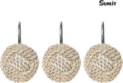Sunlit Boho Knots Double Shower Curtain Hooks, Home Decorative Shower Curtain Rings for Bathroom, Seaside Nautical Shower Curtain Hangers Bathroom Accessories, Set of 12