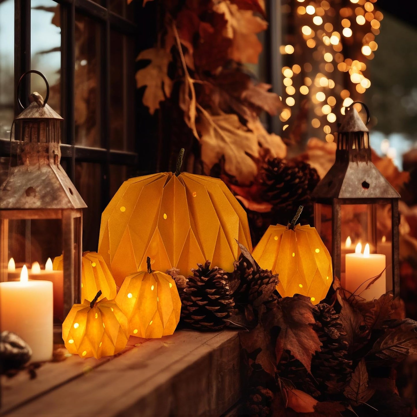 Sunlit Pumpkin Decor with Fairy Lights, Set of 5, Farmhouse Fall Decorations for Home, Pumpkin Centerpiece Table Decorations, Thanksgiving Table Decor, Small Paper Lamp (Batteries Included)