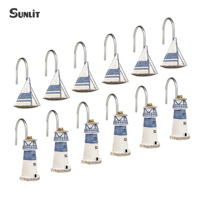Sunlit Nautical Shower Curtain Hooks, Home Decorative Coastal Shower Curtain Rings for Bathroom, Resin, Ocean Shower Curtain Hanger Hooks for Living Room, Set of 12, Blue Anchor Rudder
