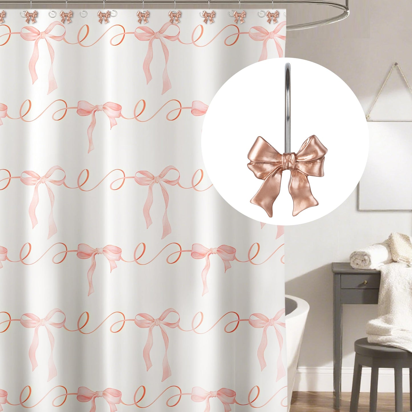 Sunlit Cute Bow Knot Double Shower Curtain Hooks, Home Decorative Shower Curtain Rings for Bathroom, Resin Shower Curtain Hangers Bathroom Accessories, Set of 12, Pink