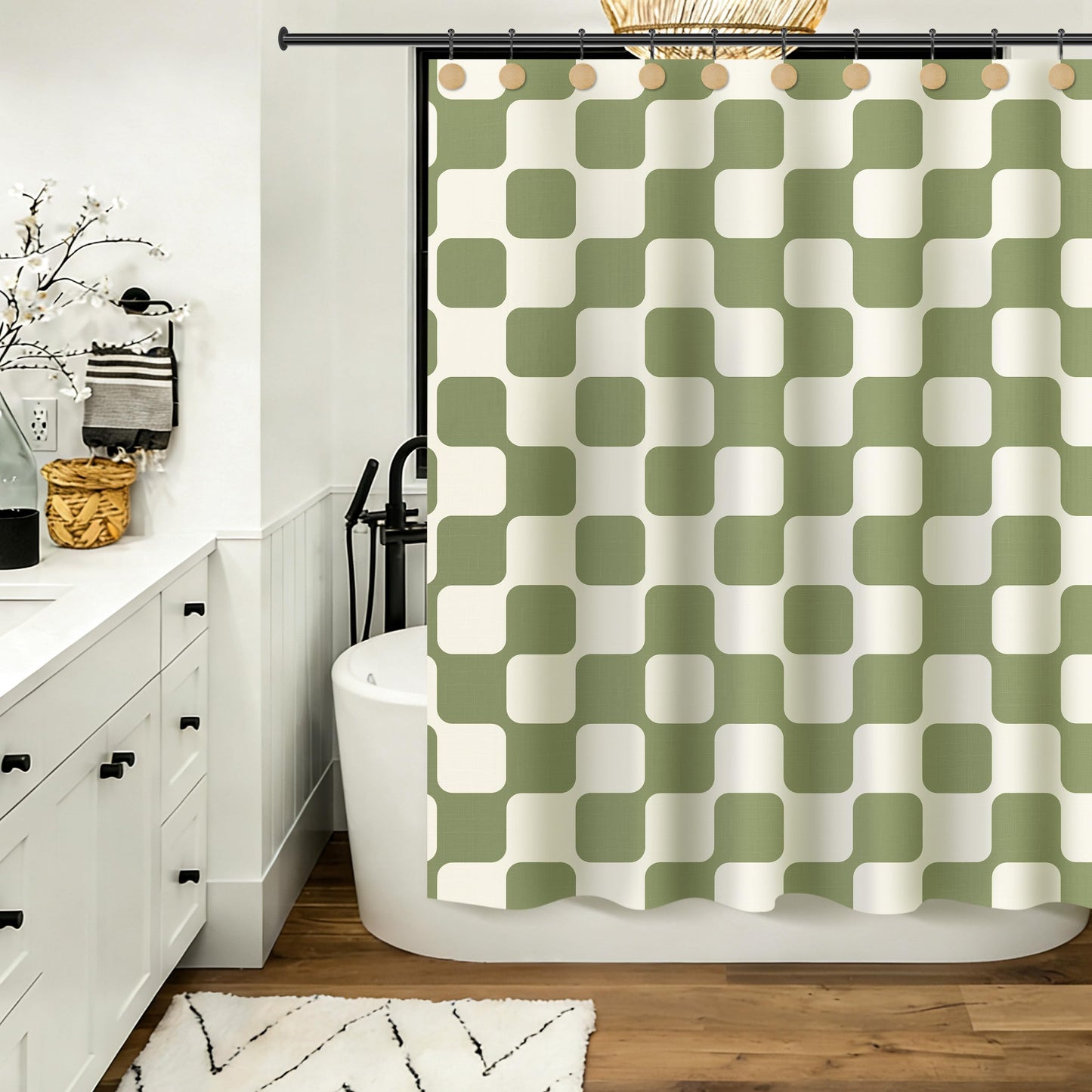 Sunlit Retro Checkered Faux Linen Fabric Shower Curtain, Beige Geometric Design with Organic Rounded Grid Pattern, Mid-Century Modern Bathroom Decor, 72" x 72"