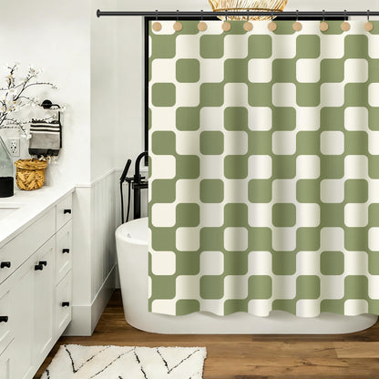 Sunlit Retro Checkered Faux Linen Fabric Shower Curtain, Beige Geometric Design with Organic Rounded Grid Pattern, Mid-Century Modern Bathroom Decor, 72" x 72"