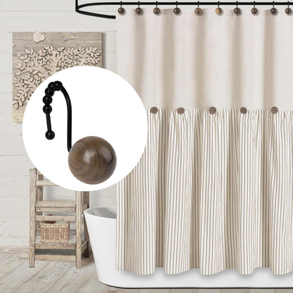 Sunlit Boho Wood Beads Decorative Shower Curtain Hooks, Shower Curtain Rings with Roller Balls, Farmhouse Bathroom Decoration Curtain Hangers Accessories, Set of 12, Walnut Wood