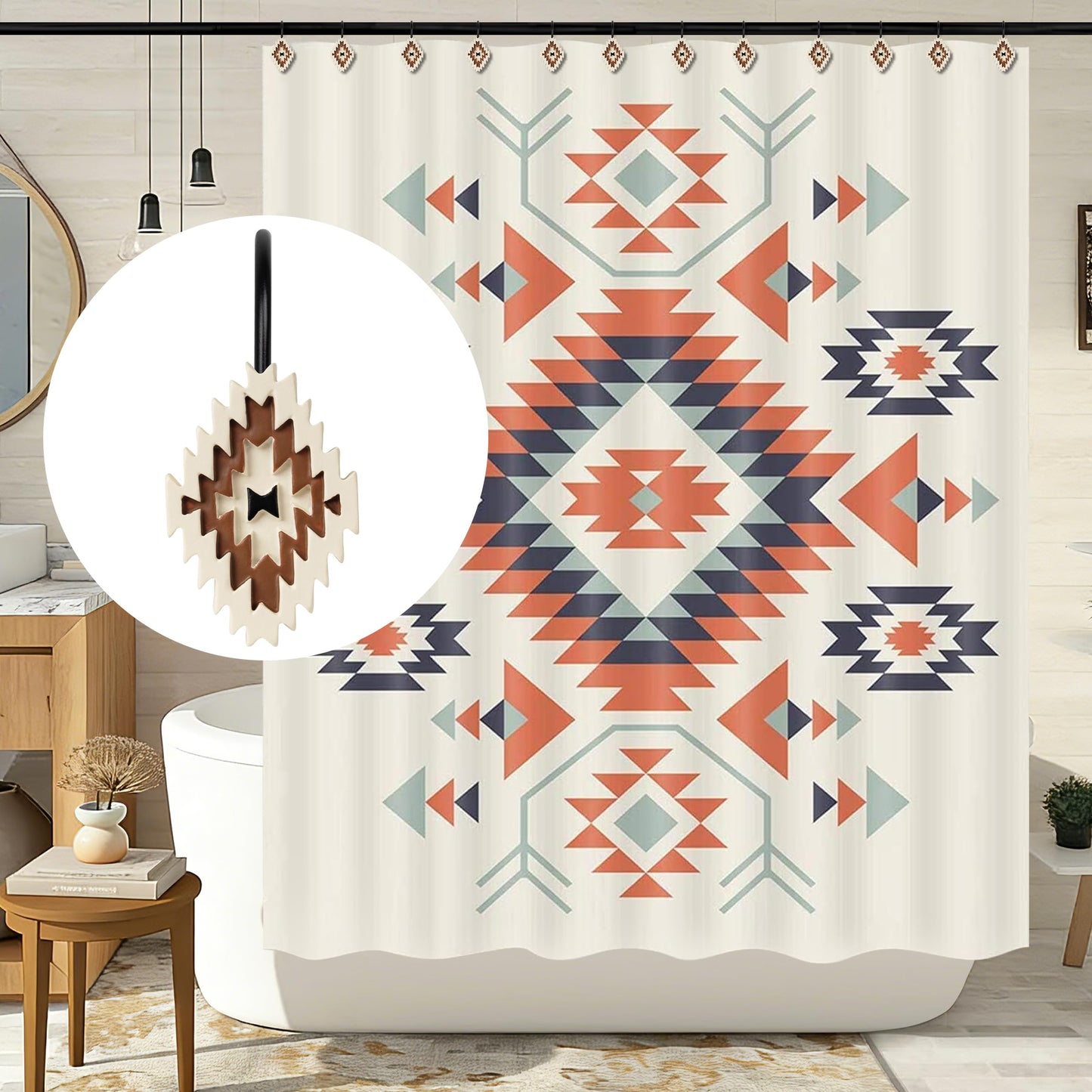 Sunlit Western Shower Curtain Hooks, Aztec Tribal Shower Curtain Hanger Hooks, Decorative Resin Rustic Geometric Curtain Rings for Bathroom, Set of 12, Black and Cream White