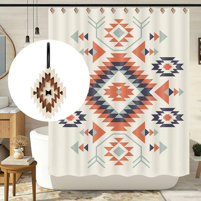 Sunlit Western Shower Curtain Hooks, Aztec Tribal Shower Curtain Hanger Hooks, Decorative Resin Rustic Geometric Curtain Rings for Bathroom, Set of 12, Black and Cream White