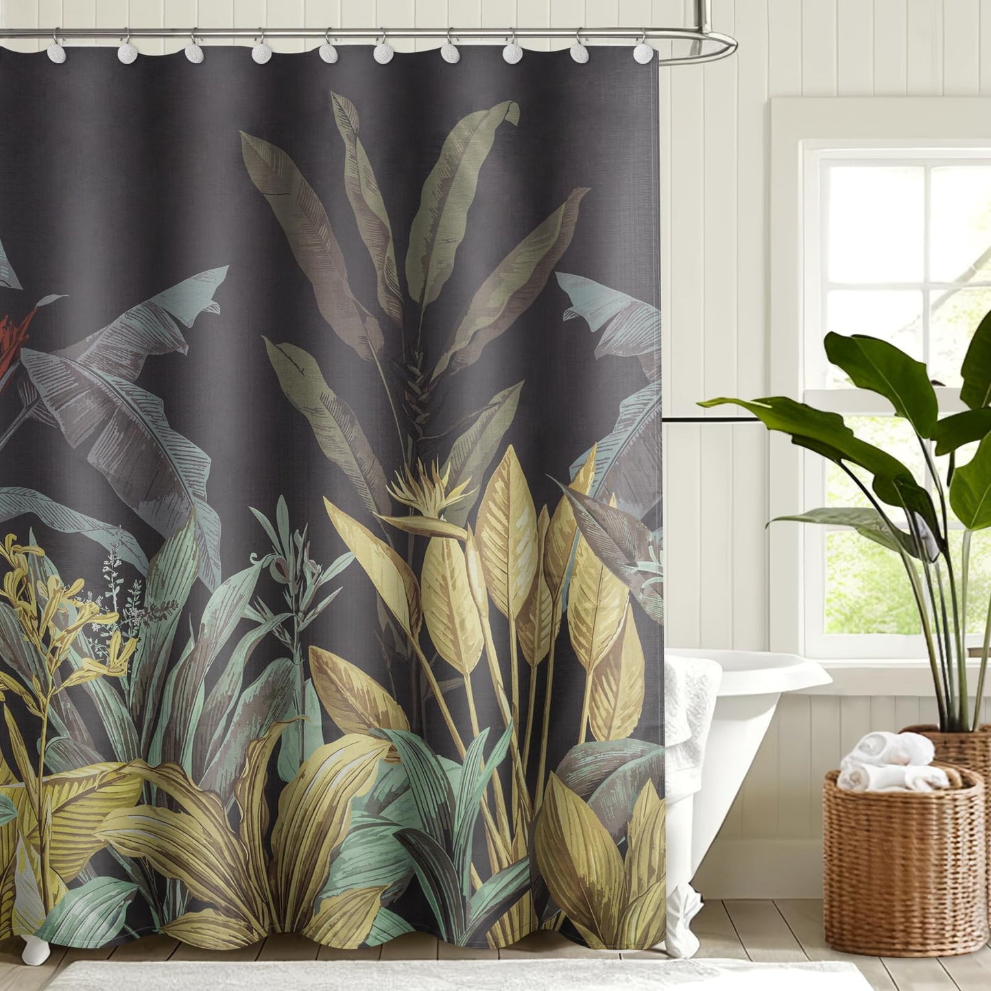 Sunlit Black Textured Slubbed Fabric Shower Curtain, Green Banana Leaf Shower Curtains for Bathroom Decoration, Tropical Plant Bathroom Curtains, 71x71