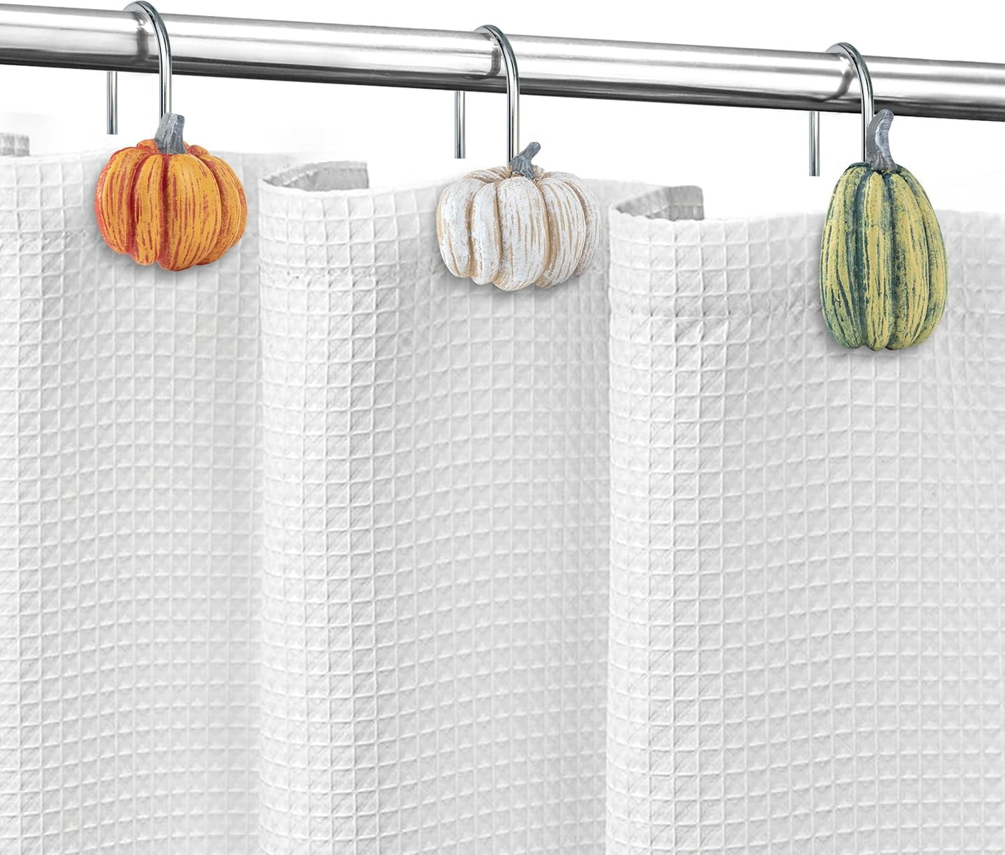 Sunlit Fall Pumpkin Decorative Shower Curtain Hooks, Autumn Harvest Festival Shower Curtain Rings, Resin, Blue Khaki Orange Farmhouse Bathroom Curtain Hangers Decoration, Set of 12