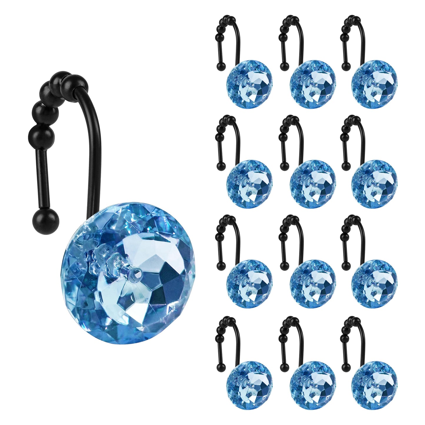 Sunlit Luxury Design Round Clear Diamond Crystal Gem Bling with Glide Balls Double Shower Curtain Hooks, Rust Proof Metal Rhinestones Glam Shower Curtain Rings-12 Pack