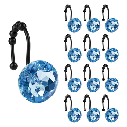 Sunlit Luxury Design Round Clear Diamond Crystal Gem Bling with Glide Balls Double Shower Curtain Hooks, Rust Proof Metal Rhinestones Glam Shower Curtain Rings-12 Pack