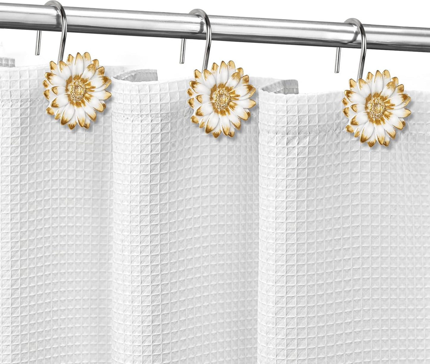 Sunlit Daisy Shower Curtain Hooks, Home Decorative Shower Curtain Rings for Bathroom, Resin, Floral Shower Curtain Hanger Hooks for Living Room, Set of 12, White and Golden