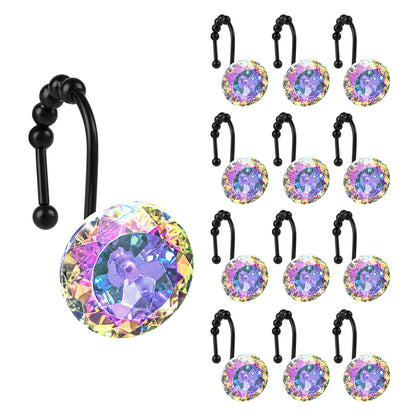 Sunlit Luxury Design Round Clear Diamond Crystal Gem Bling with Glide Balls Double Shower Curtain Hooks, Rust Proof Metal Rhinestones Glam Shower Curtain Rings-12 Pack
