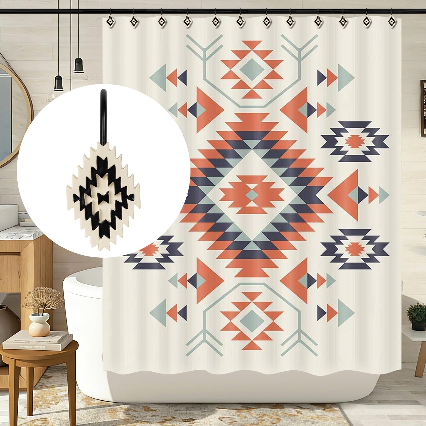 Sunlit Western Shower Curtain Hooks, Aztec Tribal Shower Curtain Hanger Hooks, Decorative Resin Rustic Geometric Curtain Rings for Bathroom, Set of 12, Black and Cream White