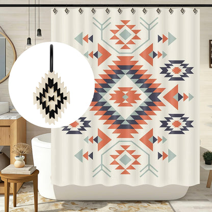 Sunlit Western Shower Curtain Hooks, Aztec Tribal Shower Curtain Hanger Hooks, Decorative Resin Rustic Geometric Curtain Rings for Bathroom, Set of 12, Black and Cream White