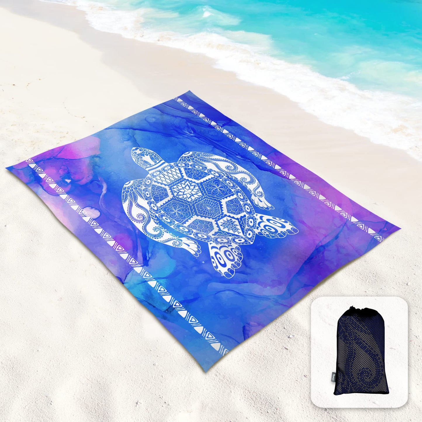 Sunlit 106"x81" Large Soft Sand Poof Beach Blanket with Corner Pockets and Mesh Bag for Beach Party, Travel, Camping and Outdoor Picnic, Light Weight and Portable, Sea Turtle Blue Wave