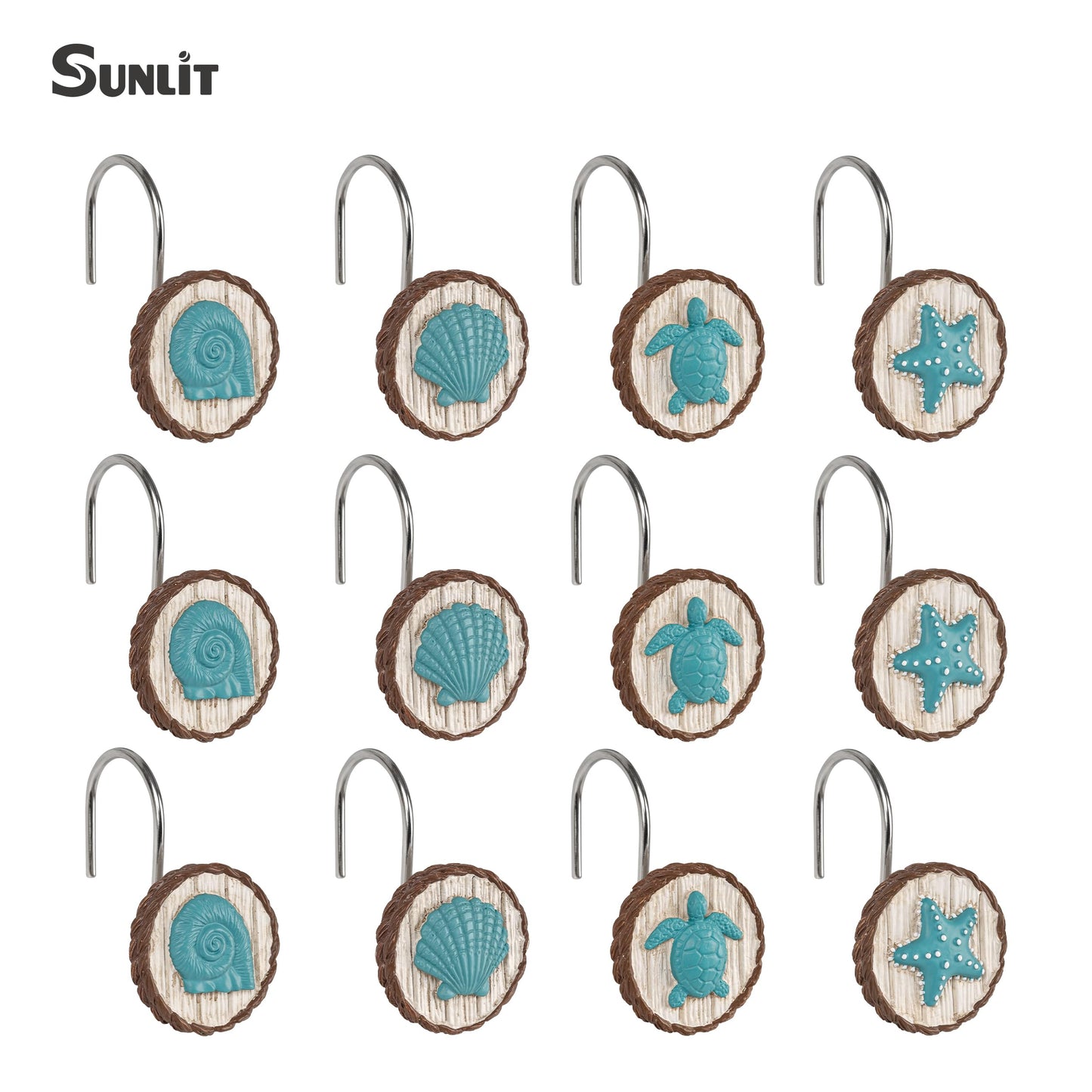 Sunlit Ocean Decorative Shower Curtain Hooks, Sea Turtle Spiral Shell Starfish Conch Shower Curtain Rings, Resin, Nautical Farmhouse Bathroom Decoration Beach Shower Curtain Hooks-12 Pack, Navy