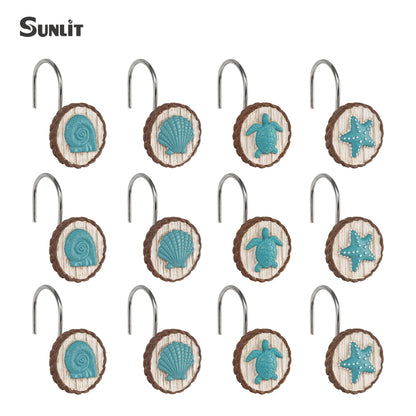 Sunlit Ocean Decorative Shower Curtain Hooks, Sea Turtle Spiral Shell Starfish Conch Shower Curtain Rings, Resin, Nautical Farmhouse Bathroom Decoration Beach Shower Curtain Hooks-12 Pack, Navy
