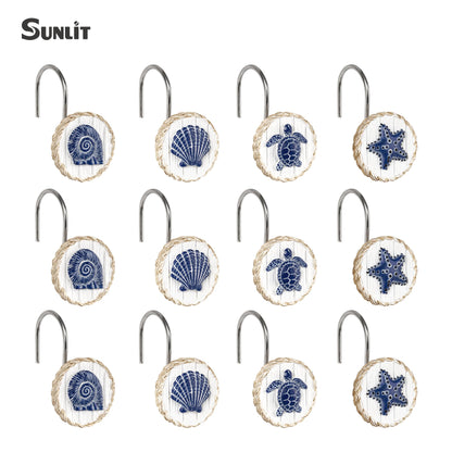 Sunlit Ocean Decorative Shower Curtain Hooks, Sea Turtle Spiral Shell Starfish Conch Shower Curtain Rings, Resin, Nautical Farmhouse Bathroom Decoration Beach Shower Curtain Hooks-12 Pack, Navy