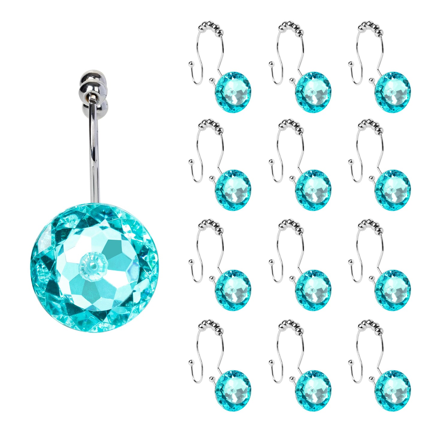 Sunlit Luxury Design Round Clear Diamond Crystal Gem Bling with Glide Balls Double Shower Curtain Hooks, Rust Proof Metal Rhinestones Glam Shower Curtain Rings-12 Pack