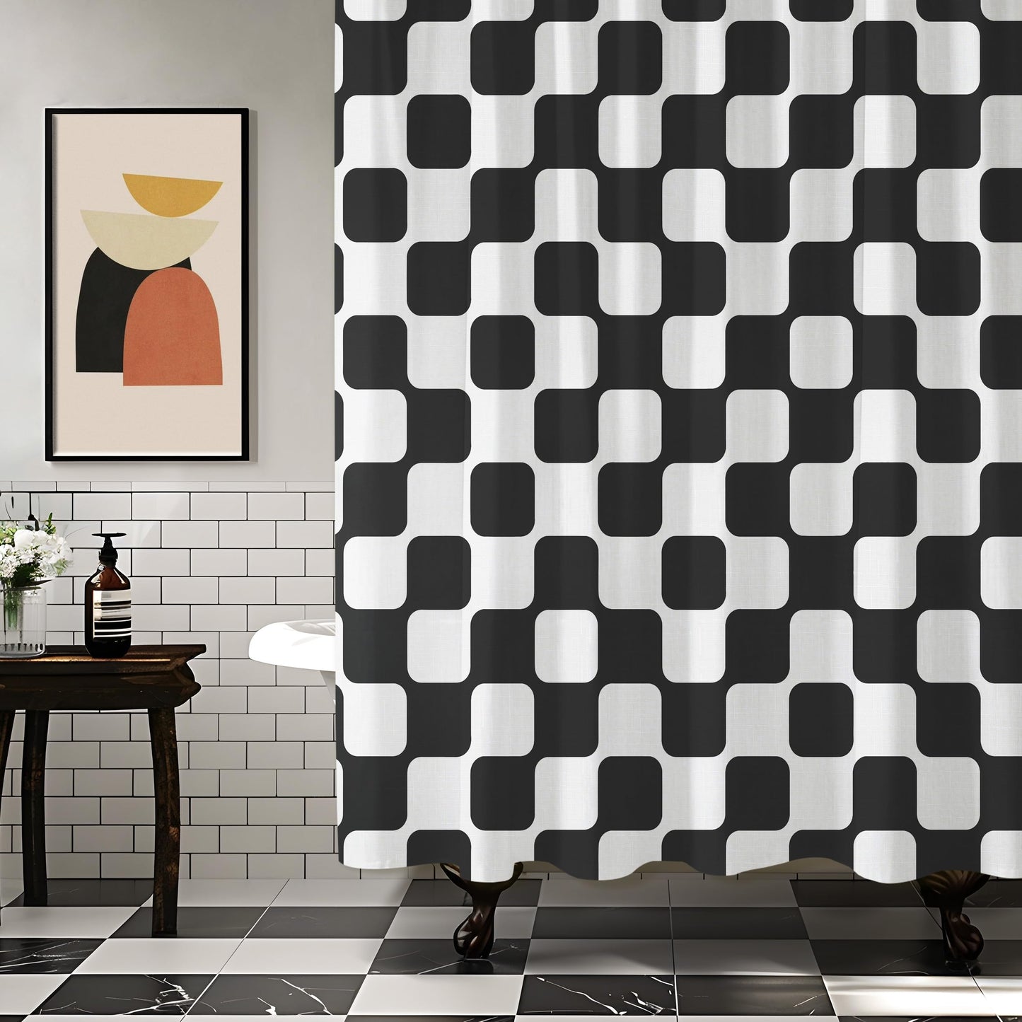 Sunlit Retro Checkered Faux Linen Fabric Shower Curtain, Beige Geometric Design with Organic Rounded Grid Pattern, Mid-Century Modern Bathroom Decor, 72" x 72"