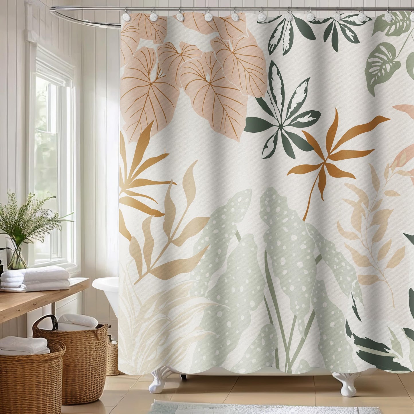 Sunlit Boho Plant Textured Slubbed Fabric Shower Curtain, Mid Century Modern Banana Leaf Shower Curtains for Bathroom Decoration, Abstract Botanical Bathroom Curtains, 71x71