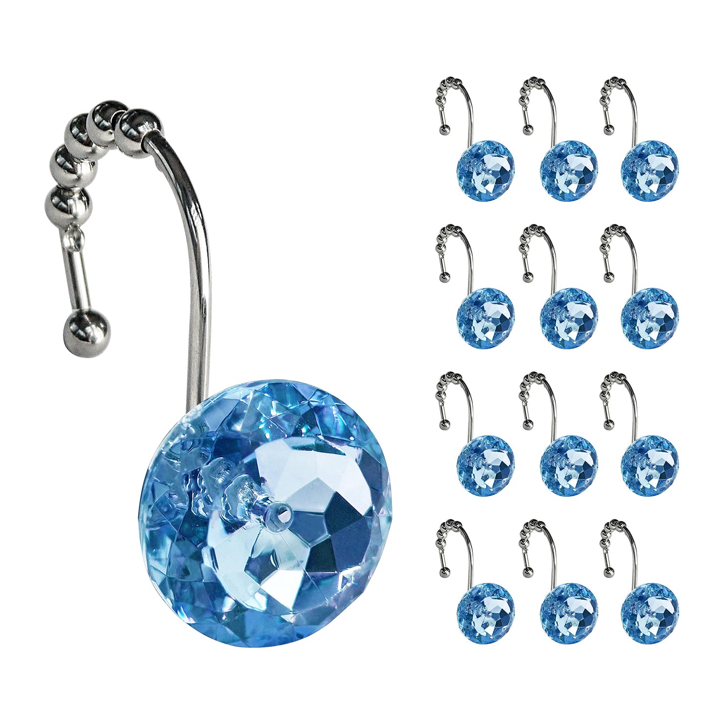 Sunlit Luxury Design Round Clear Diamond Crystal Gem Bling with Glide Balls Double Shower Curtain Hooks, Rust Proof Metal Rhinestones Glam Shower Curtain Rings-12 Pack