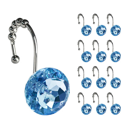 Sunlit Luxury Design Round Clear Diamond Crystal Gem Bling with Glide Balls Double Shower Curtain Hooks, Rust Proof Metal Rhinestones Glam Shower Curtain Rings-12 Pack