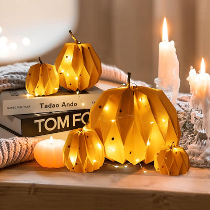 Sunlit Pumpkin Decor with Fairy Lights, Set of 5, Farmhouse Fall Decorations for Home, Pumpkin Centerpiece Table Decorations, Thanksgiving Table Decor, Small Paper Lamp (Batteries Included)