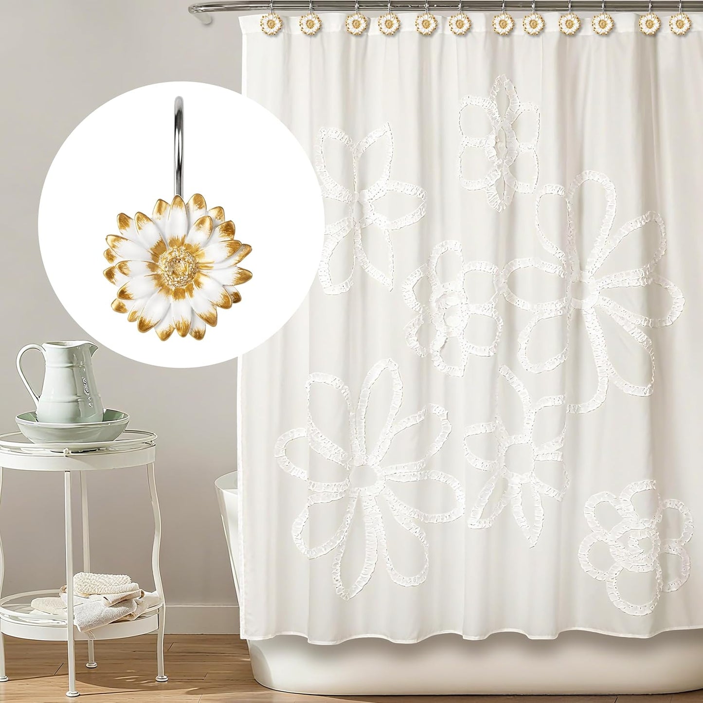 Sunlit Daisy Shower Curtain Hooks, Home Decorative Shower Curtain Rings for Bathroom, Resin, Floral Shower Curtain Hanger Hooks for Living Room, Set of 12, White and Golden