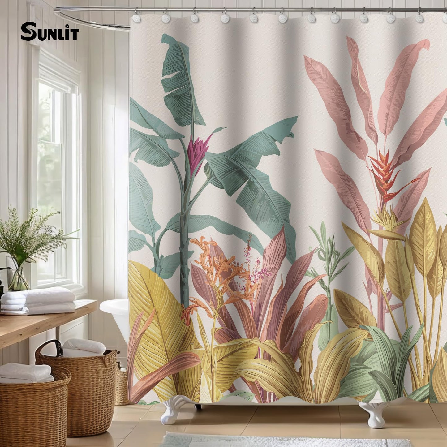 Sunlit Black Textured Slubbed Fabric Shower Curtain, Green Banana Leaf Shower Curtains for Bathroom Decoration, Tropical Plant Bathroom Curtains, 71x71