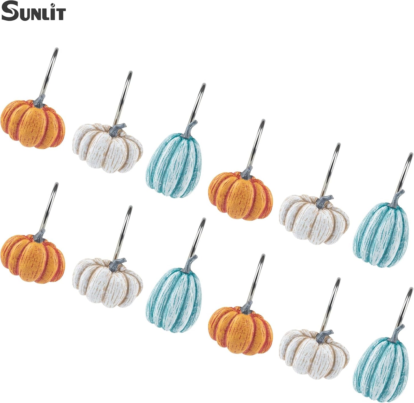 Sunlit Fall Pumpkin Decorative Shower Curtain Hooks, Autumn Harvest Festival Shower Curtain Rings, Resin, Blue Khaki Orange Farmhouse Bathroom Curtain Hangers Decoration, Set of 12