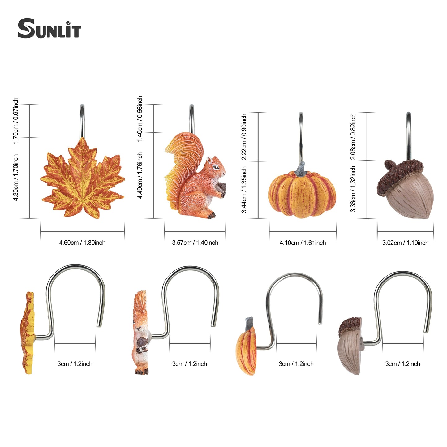 Sunlit Fall Autumn Decorative Shower Curtain Hooks, Pumpkin Maple Leaf Squirrel Acorn Shower Curtain Rings, Resin, Orange Leaves Cute Bathroom Curtain Hangers Decoration, Set of 12