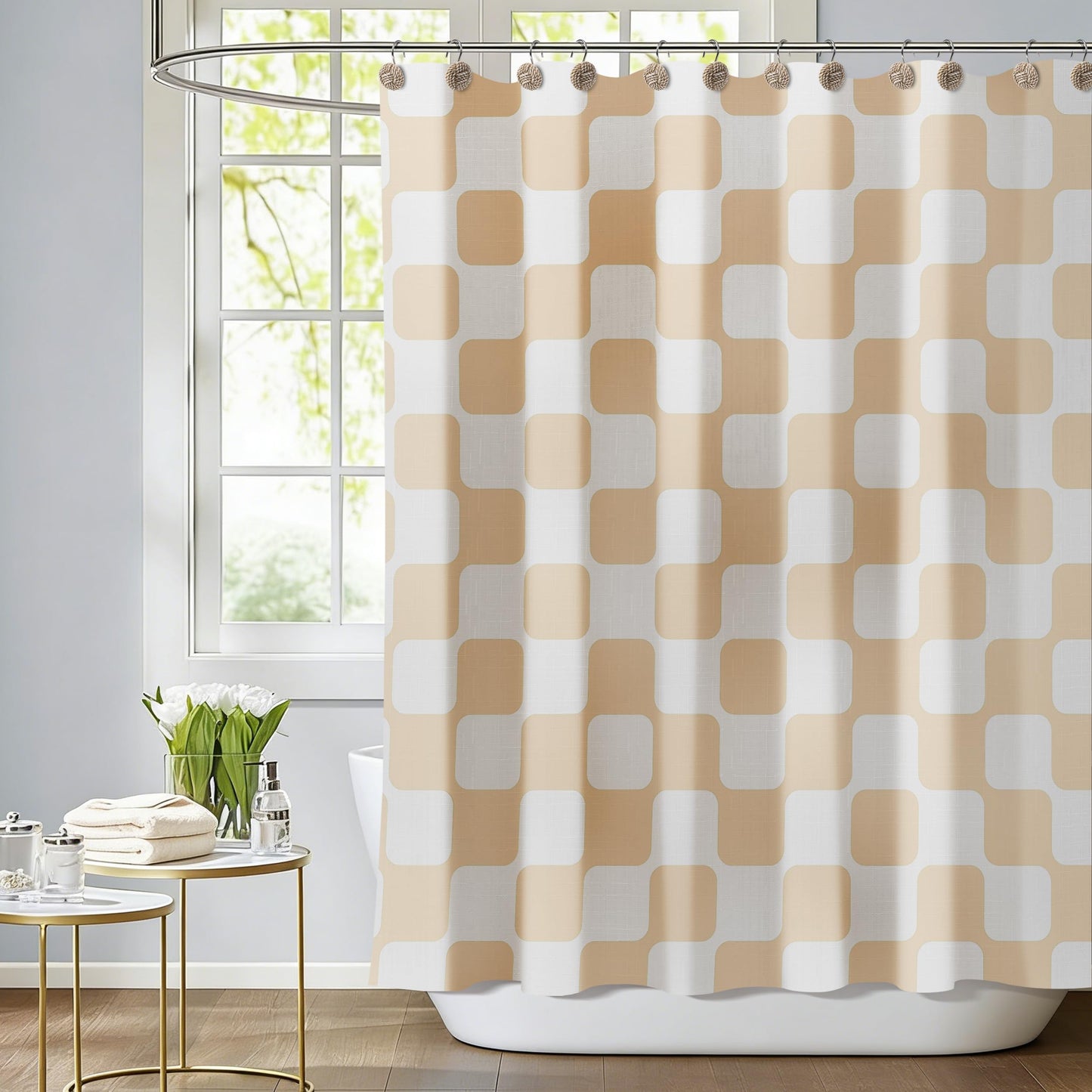 Sunlit Retro Checkered Faux Linen Fabric Shower Curtain, Beige Geometric Design with Organic Rounded Grid Pattern, Mid-Century Modern Bathroom Decor, 72" x 72"