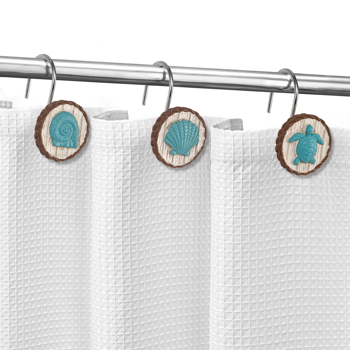 Sunlit Ocean Decorative Shower Curtain Hooks, Sea Turtle Spiral Shell Starfish Conch Shower Curtain Rings, Resin, Nautical Farmhouse Bathroom Decoration Beach Shower Curtain Hooks-12 Pack, Navy