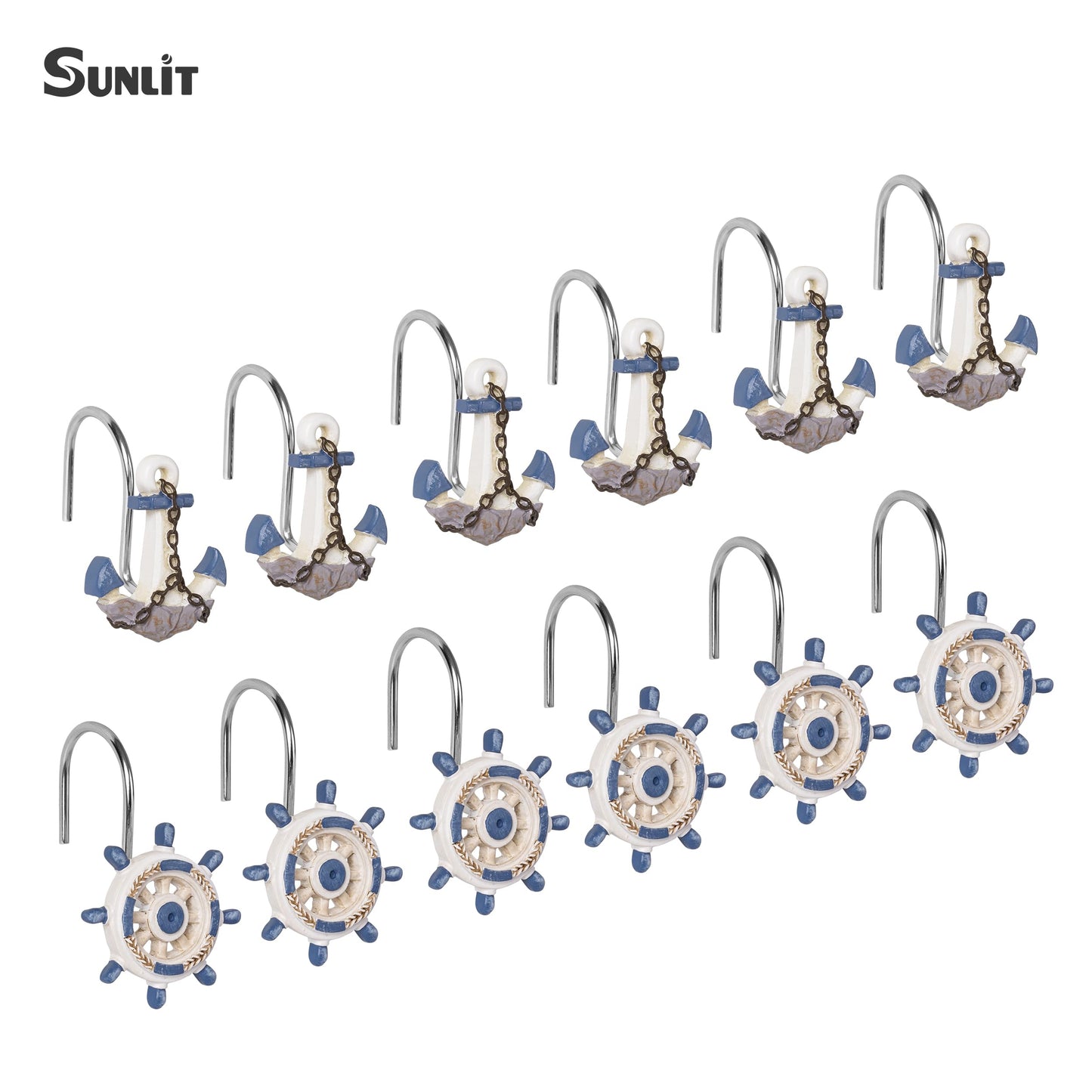 Sunlit Nautical Shower Curtain Hooks, Home Decorative Coastal Shower Curtain Rings for Bathroom, Resin, Ocean Shower Curtain Hanger Hooks for Living Room, Set of 12, Blue Anchor Rudder