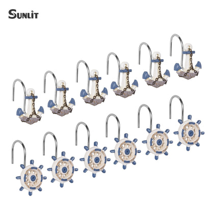 Sunlit Nautical Shower Curtain Hooks, Home Decorative Coastal Shower Curtain Rings for Bathroom, Resin, Ocean Shower Curtain Hanger Hooks for Living Room, Set of 12, Blue Anchor Rudder