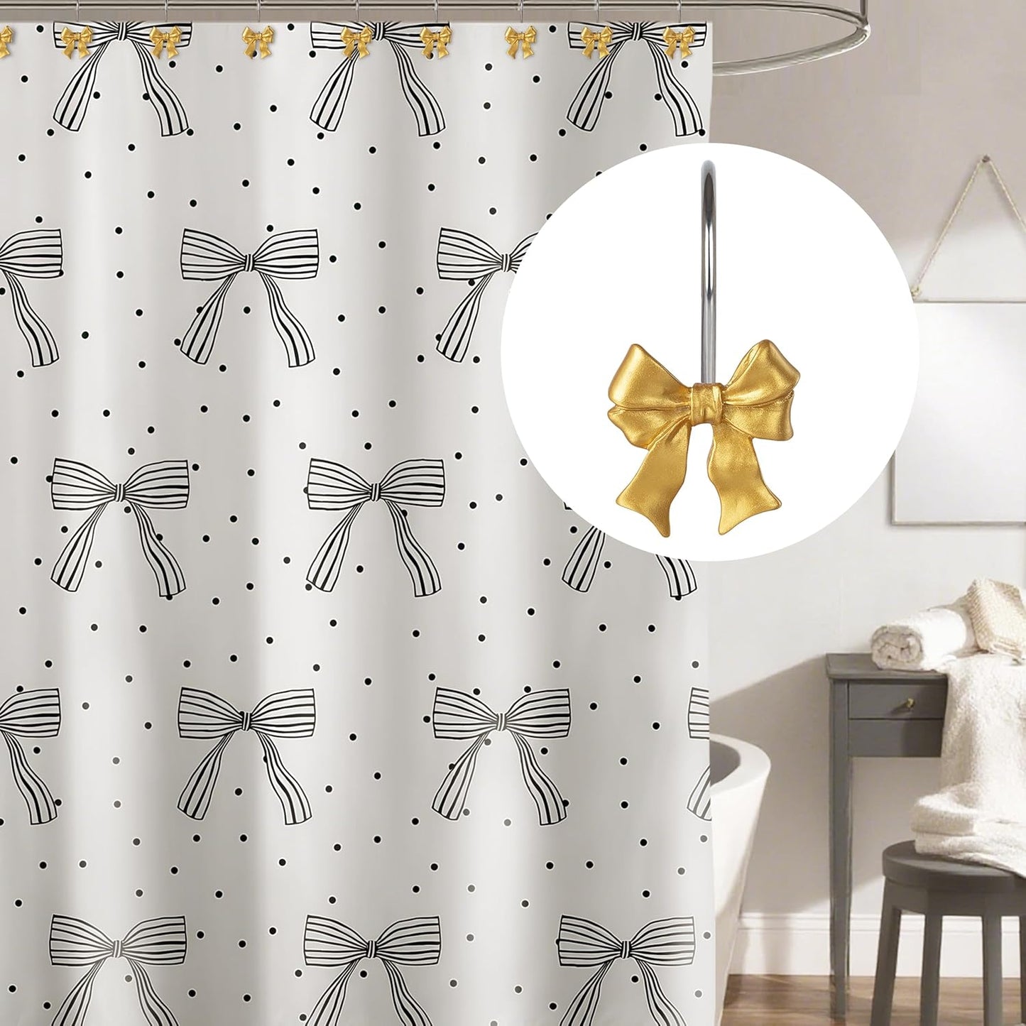 Sunlit Cute Bow Knot Double Shower Curtain Hooks, Home Decorative Shower Curtain Rings for Bathroom, Resin Shower Curtain Hangers Bathroom Accessories, Set of 12, Pink