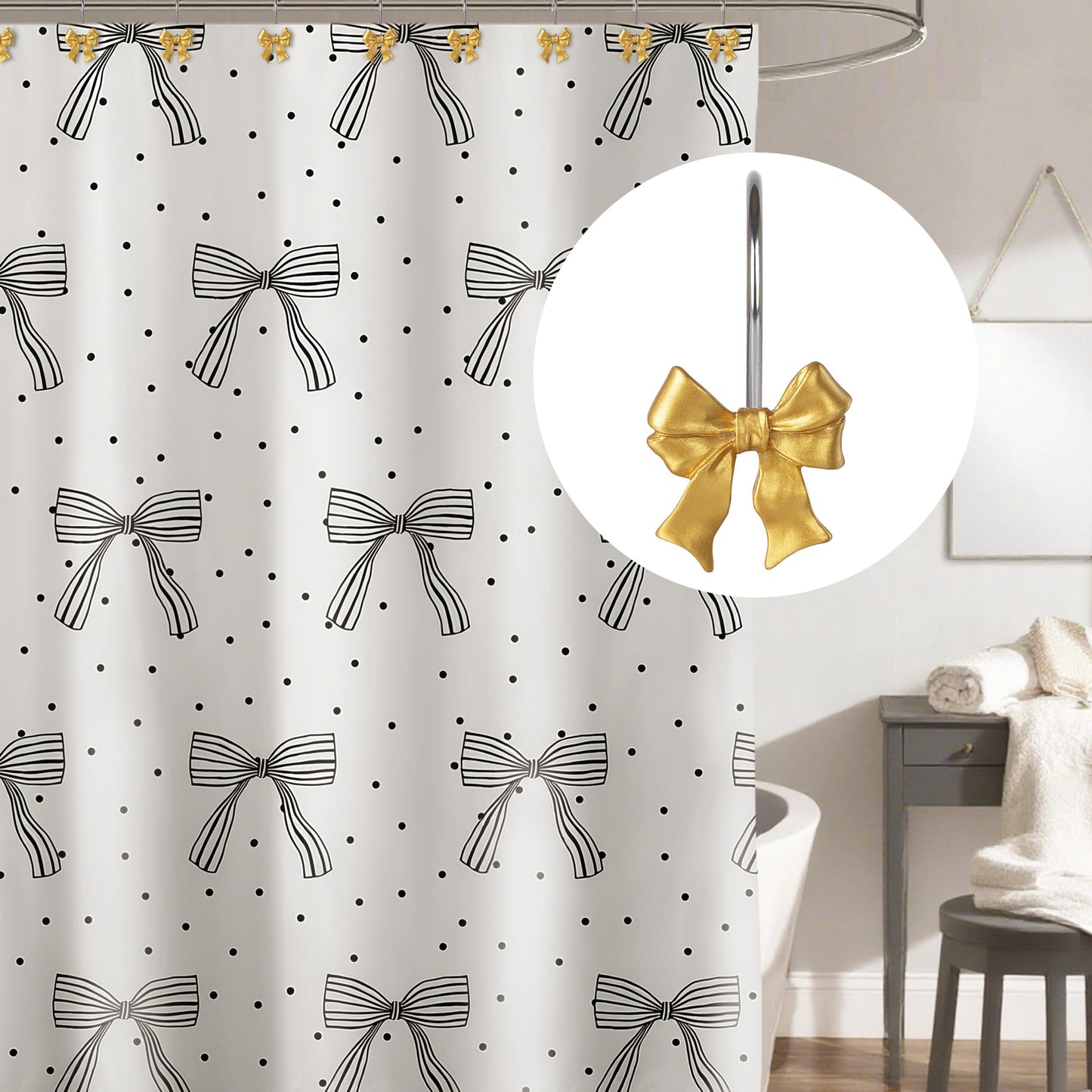 Sunlit Cute Bow Knot Double Shower Curtain Hooks, Home Decorative Shower Curtain Rings for Bathroom, Resin Shower Curtain Hangers Bathroom Accessories, Set of 12, Pink