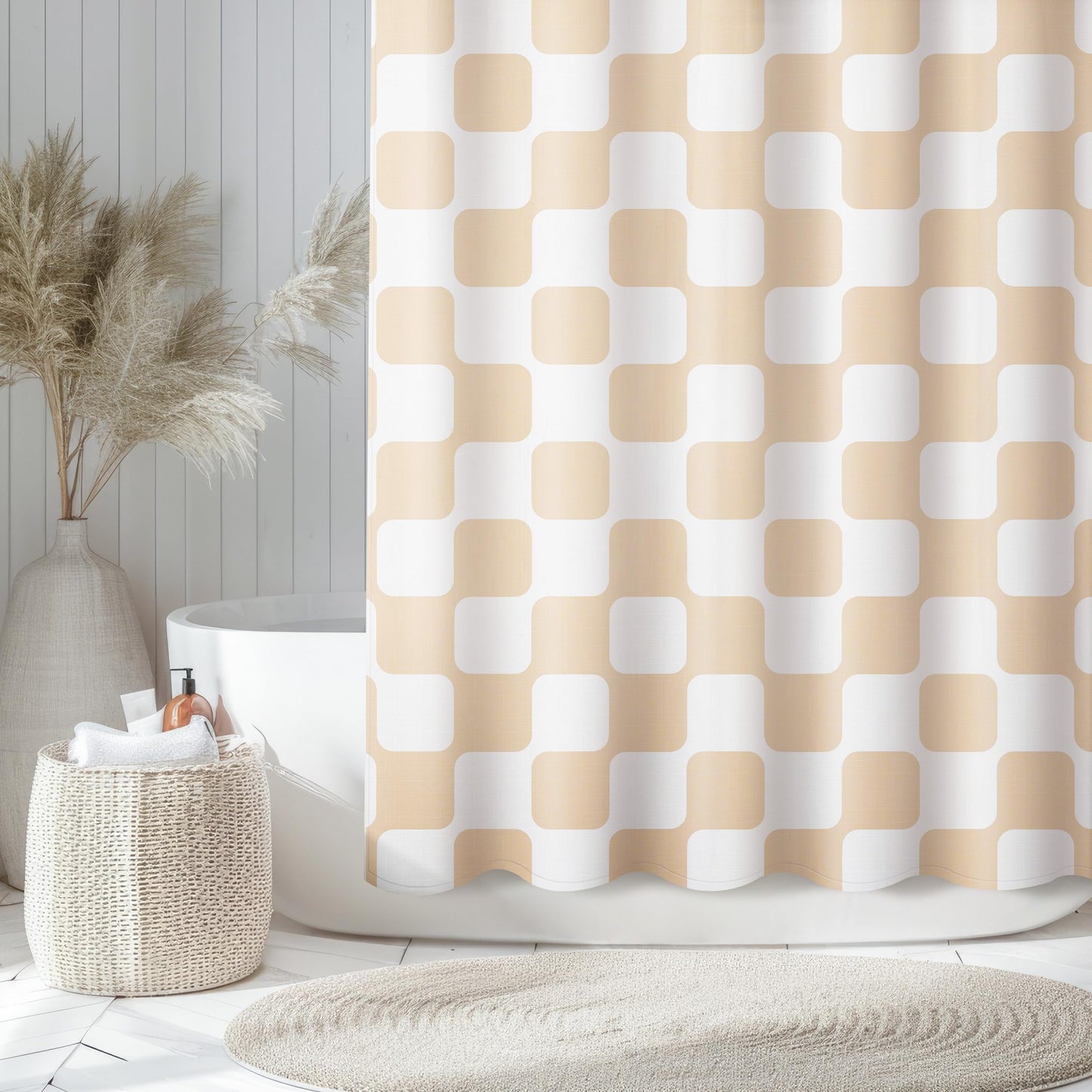 Sunlit Retro Checkered Faux Linen Fabric Shower Curtain, Beige Geometric Design with Organic Rounded Grid Pattern, Mid-Century Modern Bathroom Decor, 72" x 72"