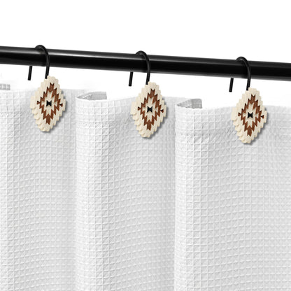 Sunlit Western Shower Curtain Hooks, Aztec Tribal Shower Curtain Hanger Hooks, Decorative Resin Rustic Geometric Curtain Rings for Bathroom, Set of 12, Black and Cream White