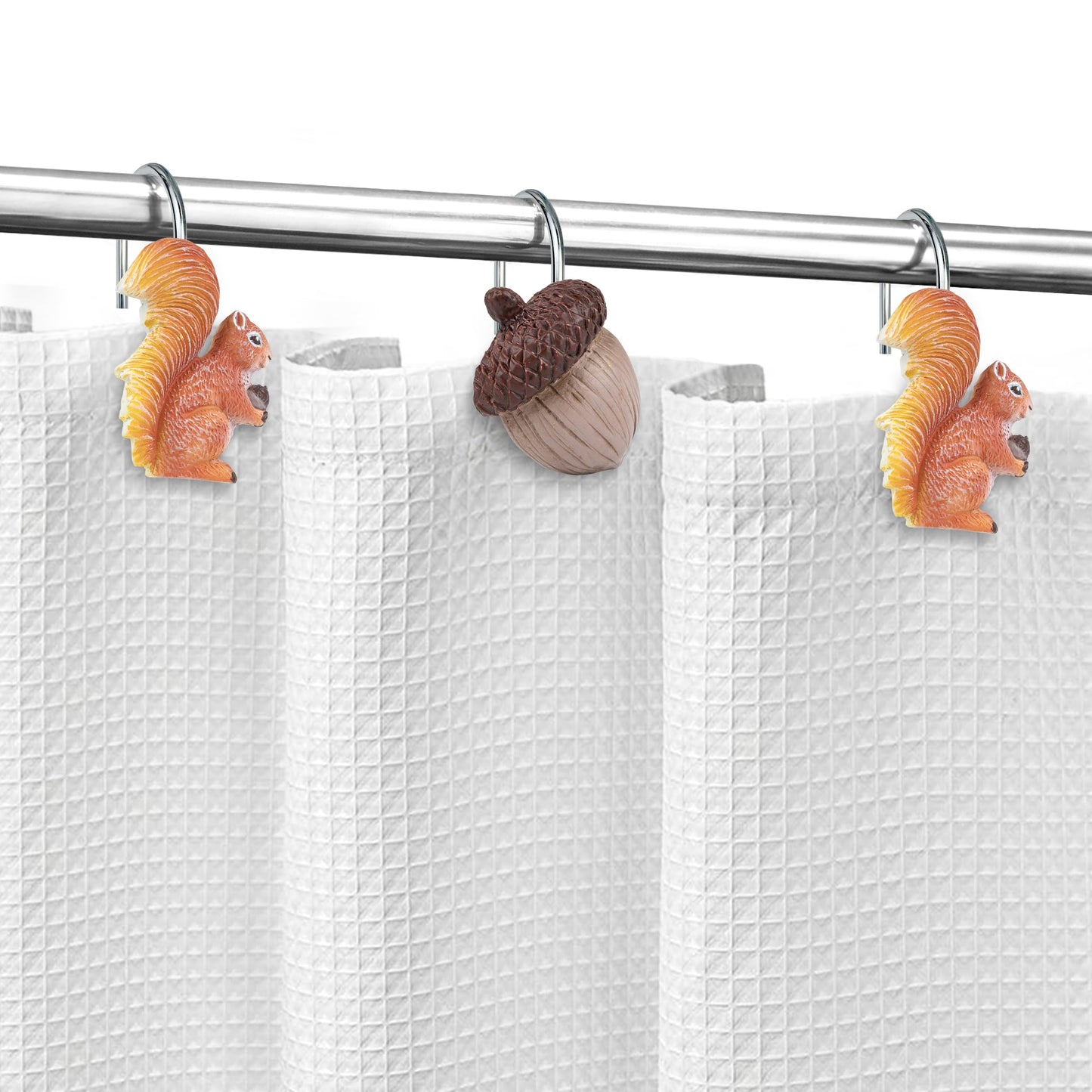 Sunlit Fall Autumn Decorative Shower Curtain Hooks, Pumpkin Maple Leaf Squirrel Acorn Shower Curtain Rings, Resin, Orange Leaves Cute Bathroom Curtain Hangers Decoration, Set of 12