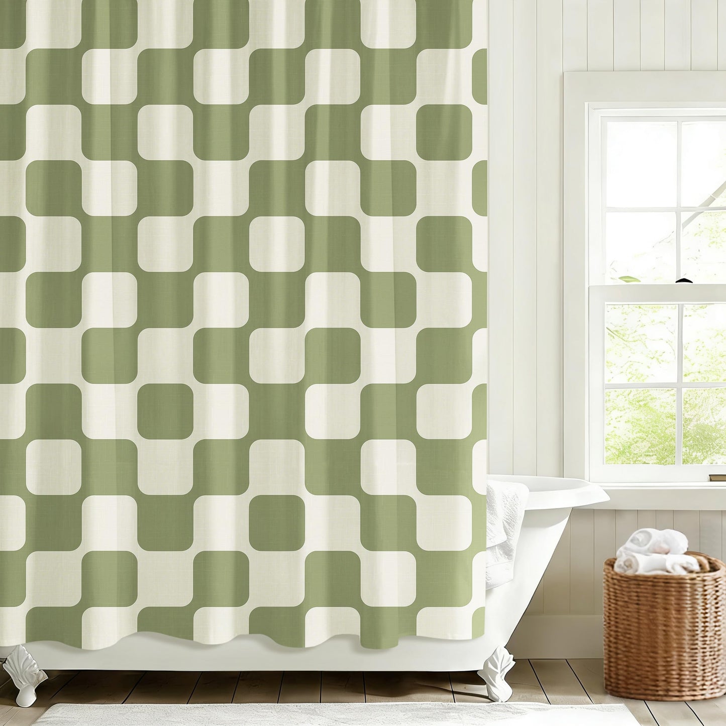 Sunlit Retro Checkered Faux Linen Fabric Shower Curtain, Beige Geometric Design with Organic Rounded Grid Pattern, Mid-Century Modern Bathroom Decor, 72" x 72"